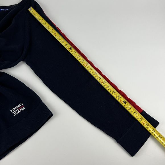 Vtg Y2K Tommy Jeans Cable Knit Stripe Sleeves Navy Blue Men’s XL Oversized Logo - Picture 11 of 15